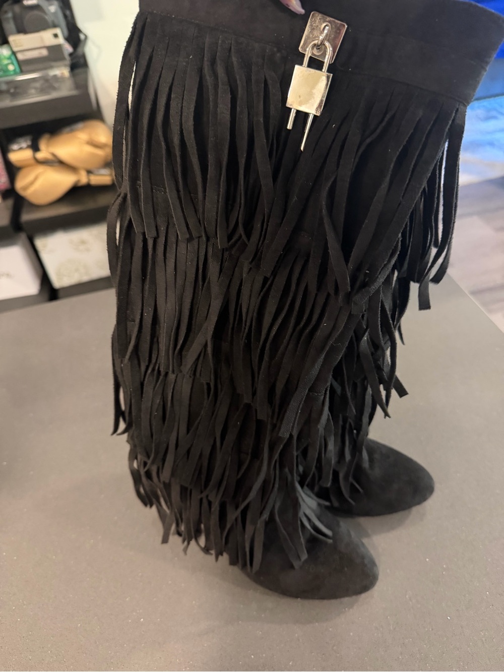 Fashion Nova Fringe Suede Knee-High Boots - Black